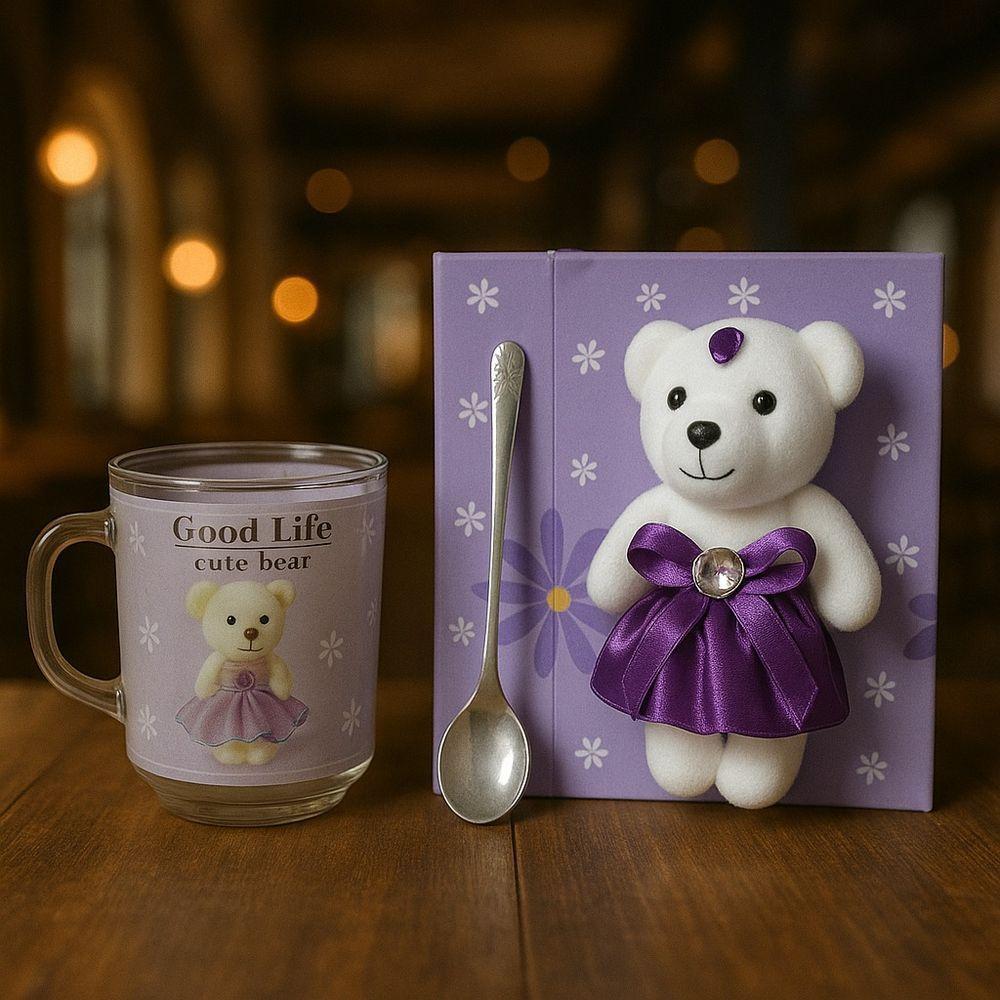 Kit Caneca Presente Ursinho E Colher + Urso De Pelucia Lilás - 2