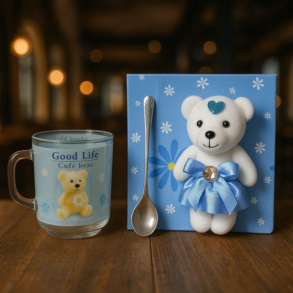 Kit Caneca Presente Ursinho E Colher + Urso De Pelucia Azul - 3