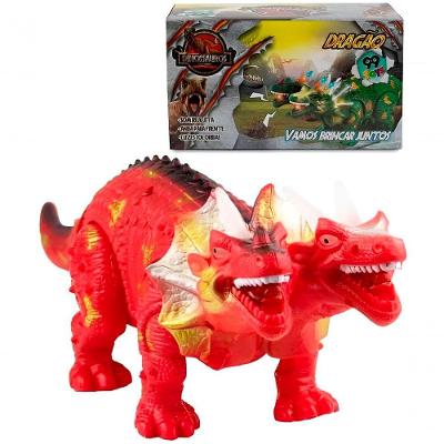 Dragão De Brinquedo 2 Cabeças Com Luzes Leds Movimento E Som Vermelho