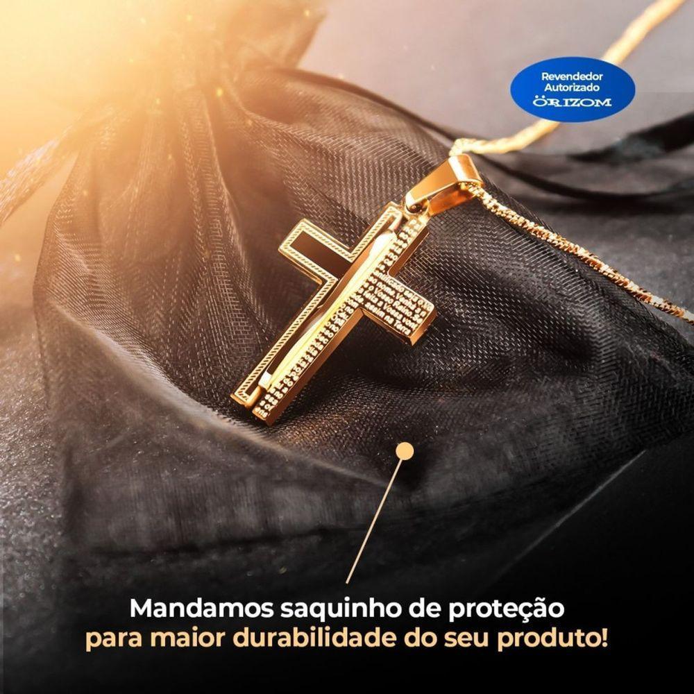 Cordão Banhado Ouro Aço + Pingente Pai Nosso + Saquinho Moda Masculina Casual Social Dourado - 2