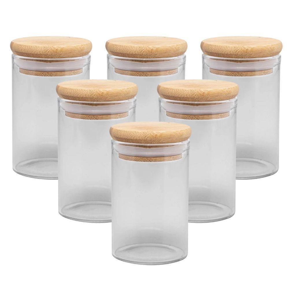 Kit 6 Mini Porta Mantimento Vidro Borossilicato Pote Tampa Hermética Bambu 90ml - Wolff - 1