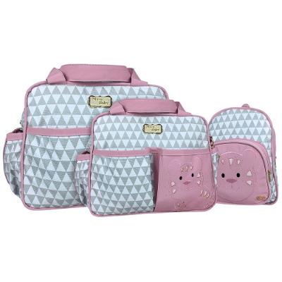 Kit Bolsas E Mochila Maternidade Bebê Tigrinho Cinza E Rosa