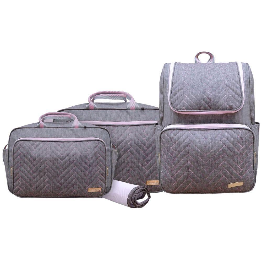 Kit Bolsas E Mochila Maternidade Baby Classic Premium Cinza E Rosa - 1