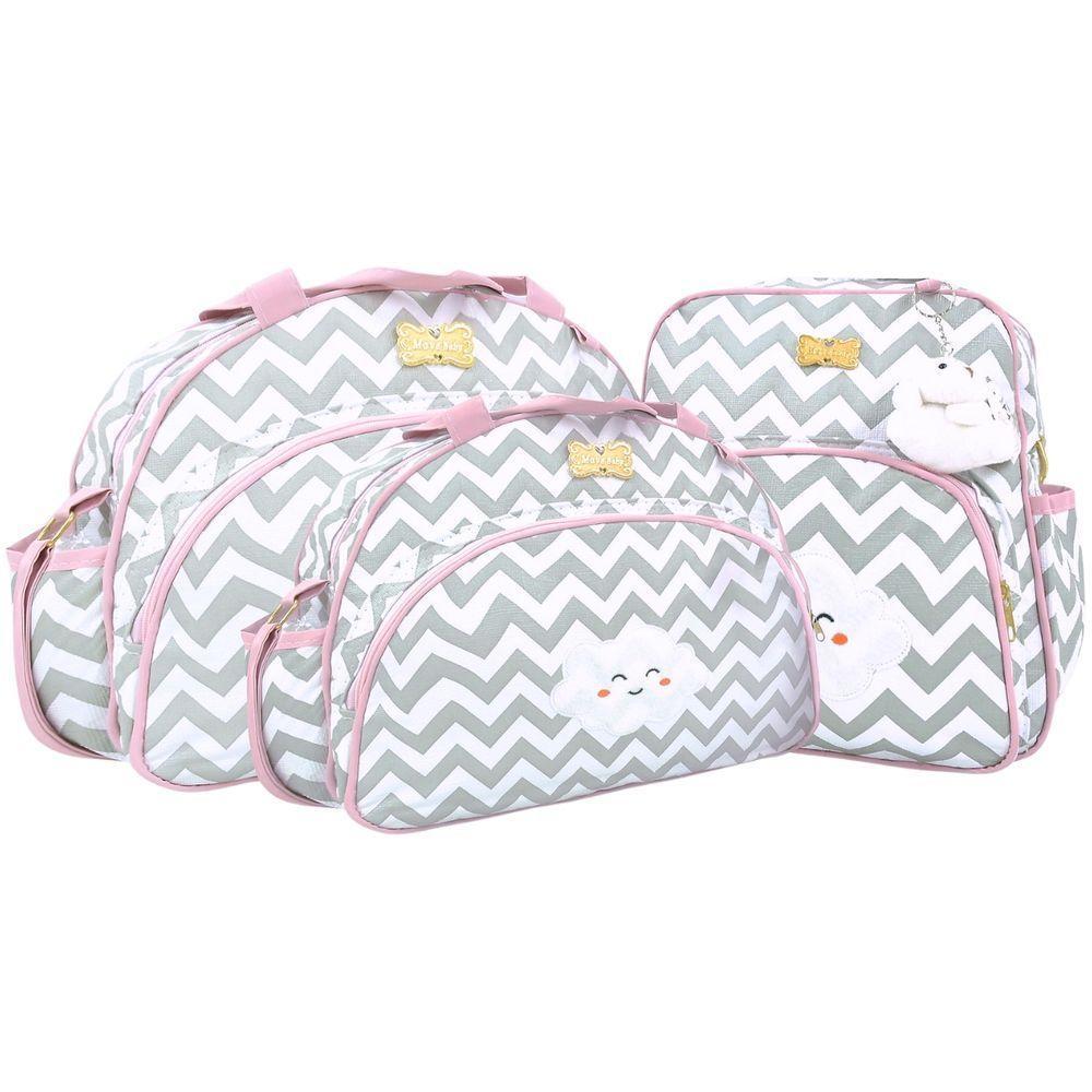 Kit Bolsas Maternidade E Mochila Nuvem Baby Chevron Cinza E Rosa - 1