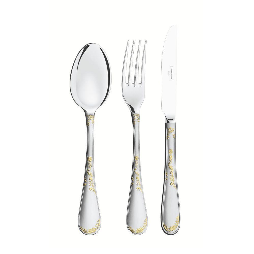 Faqueiro Tramontina Renascença Em Aço Inox Detalhes Em Ouro Estojo De Madeira 101 Peças - 1