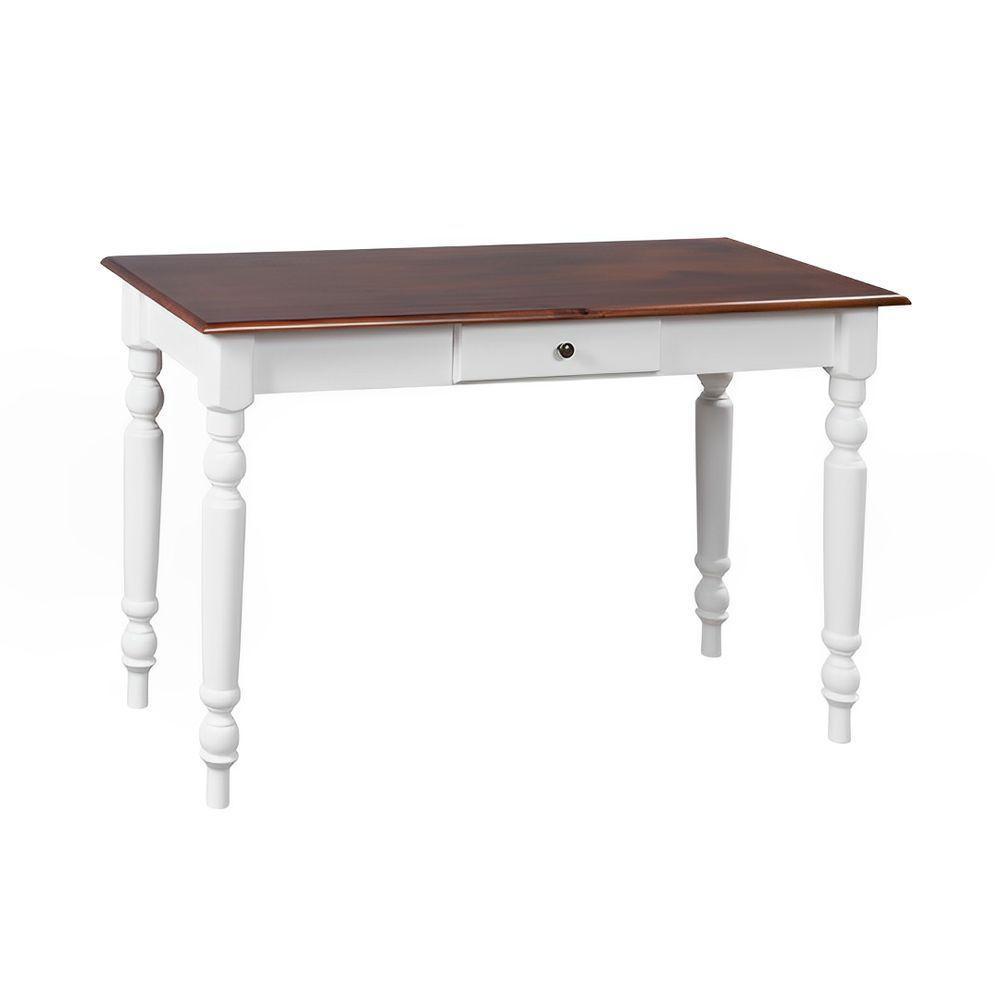 Aparador De Sala Ou Escrivaninha Rústico Madeira 1 Gavetas Com Pés Torneados Branco Laca Com Tampo Castanho Envelhecido - 1