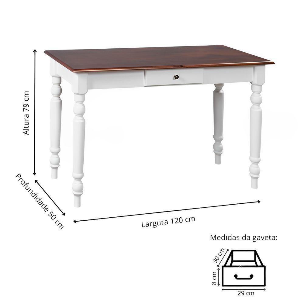 Aparador De Sala Ou Escrivaninha Rústico Madeira 1 Gavetas Com Pés Torneados Branco Laca Com Tampo Castanho Envelhecido - 4