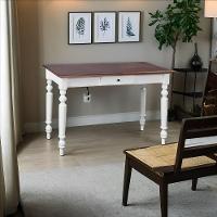 Aparador De Sala Ou Escrivaninha Rústico Madeira 1 Gavetas Com Pés Torneados Branco Laca Com Tampo Castanho Envelhecido - 2