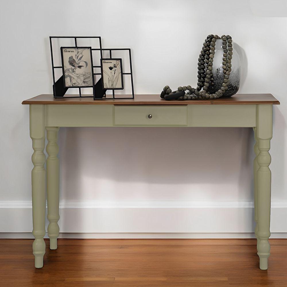 Aparador De Sala Ou Escrivaninha Rústico Madeira 1 Gavetas Com Pés Torneados - Verde Chá Laca Com Tampo Imbuia Glazer - 2