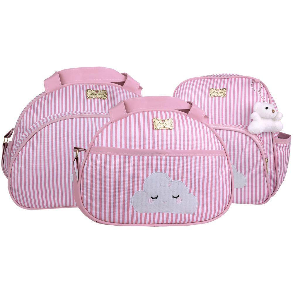 Kit Bolsas E Mochila Maternidade Listrado Baby Classic Rosa - 1