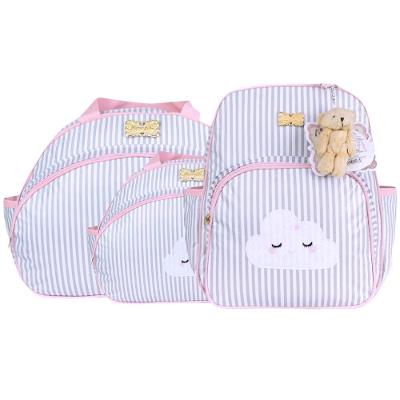 Kit Bolsas E Mochila Maternidade Listrado Baby Classic Cinza E Rosa