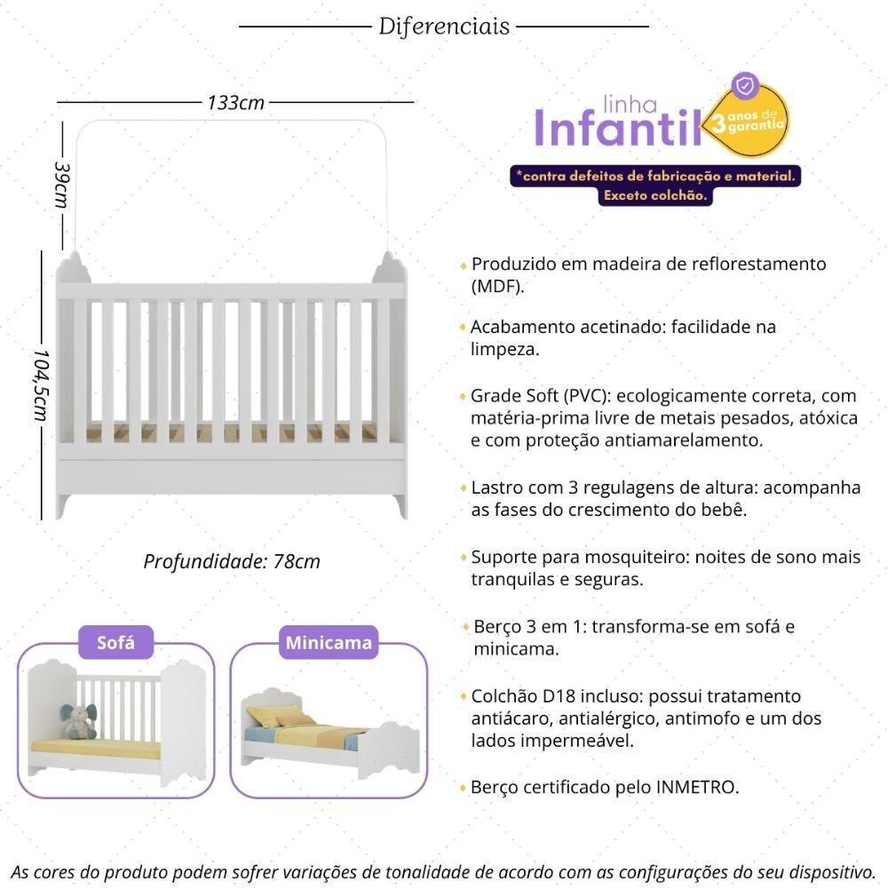 Berço Americano 3 Em 1 Com Colchão Incluso Nuvem Multimóveis Mp4385 Branco - 3