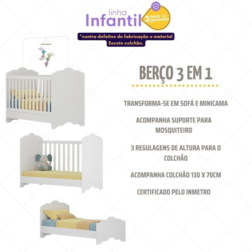Berço Americano 3 Em 1 Com Colchão Incluso Nuvem Multimóveis Mp4385 Branco - 6