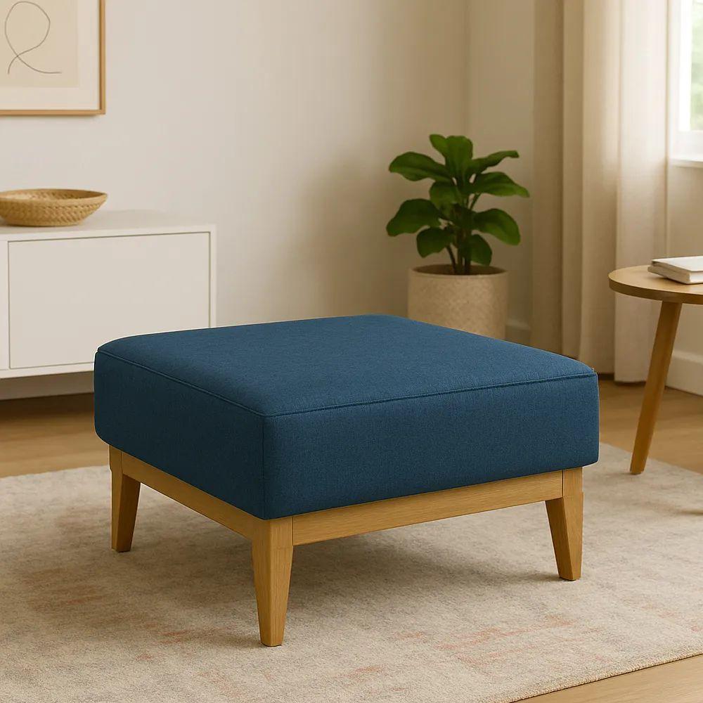 Puff Luxo Corino Retangular Base Mesa Madeira Lar & Estilo Azul - 1