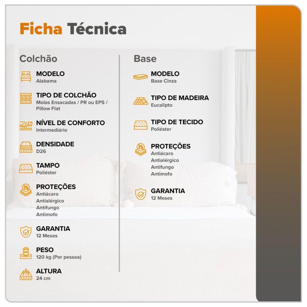 Conjunto Cama Box Solteiro Zidi Alabama 88x188 Mola Ensacada Cinza Solteiro - 4