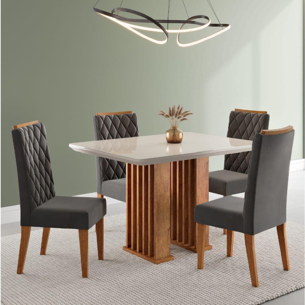 Conjunto De Mesa Sala De Jantar Tampo Com Vidro Mond 1,20m 4 Cadeiras Bele Veludo Viero Madeirado / Cinza - 2