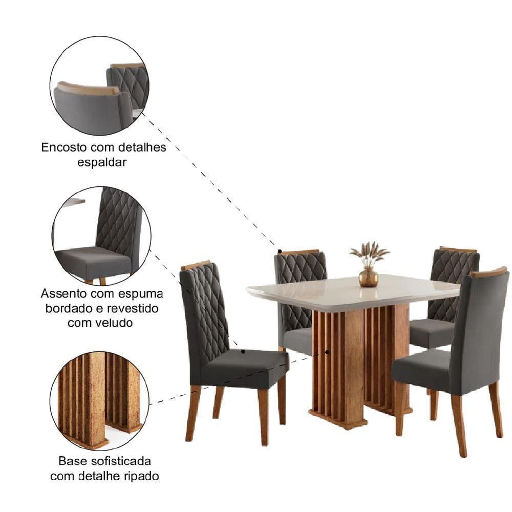 Conjunto De Mesa Sala De Jantar Tampo Com Vidro Mond 1,20m 4 Cadeiras Bele Veludo Viero Madeirado / Cinza - 6