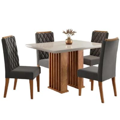 Conjunto De Mesa Sala De Jantar Tampo Com Vidro Mond 1,20m 4 Cadeiras Bele Veludo Viero Madeirado / Cinza