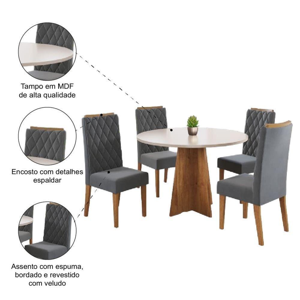 Conjunto De Mesa Sala De Jantar Redonda 0,90m 4 Cadeiras Fin Veludo Viero Off White / Cinza - 5