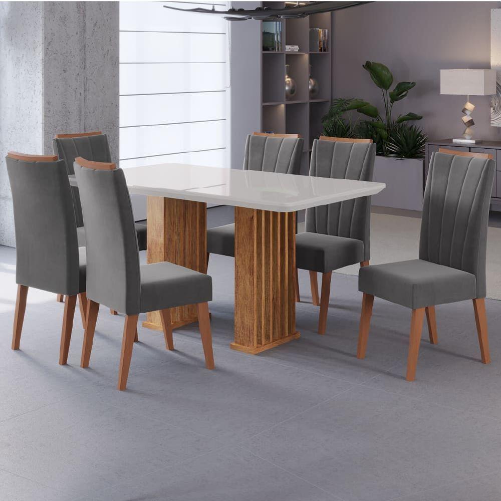Conjunto De Mesa Sala De Jantar Ripada Tampo Com Vidro Mond 1,60m 6 Cadeiras Sofia Veludo Viero Madeirado / Cinza - 2