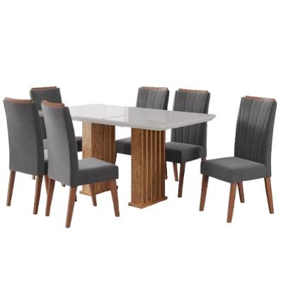 Conjunto De Mesa Sala De Jantar Ripada Tampo Com Vidro Mond 1,60m 6 Cadeiras Sofia Veludo Viero Madeirado / Cinza