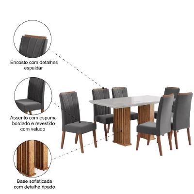 Conjunto De Mesa Sala De Jantar Ripada Tampo Com Vidro Mond 1,60m 6 Cadeiras Sofia Veludo Viero Madeirado / Cinza