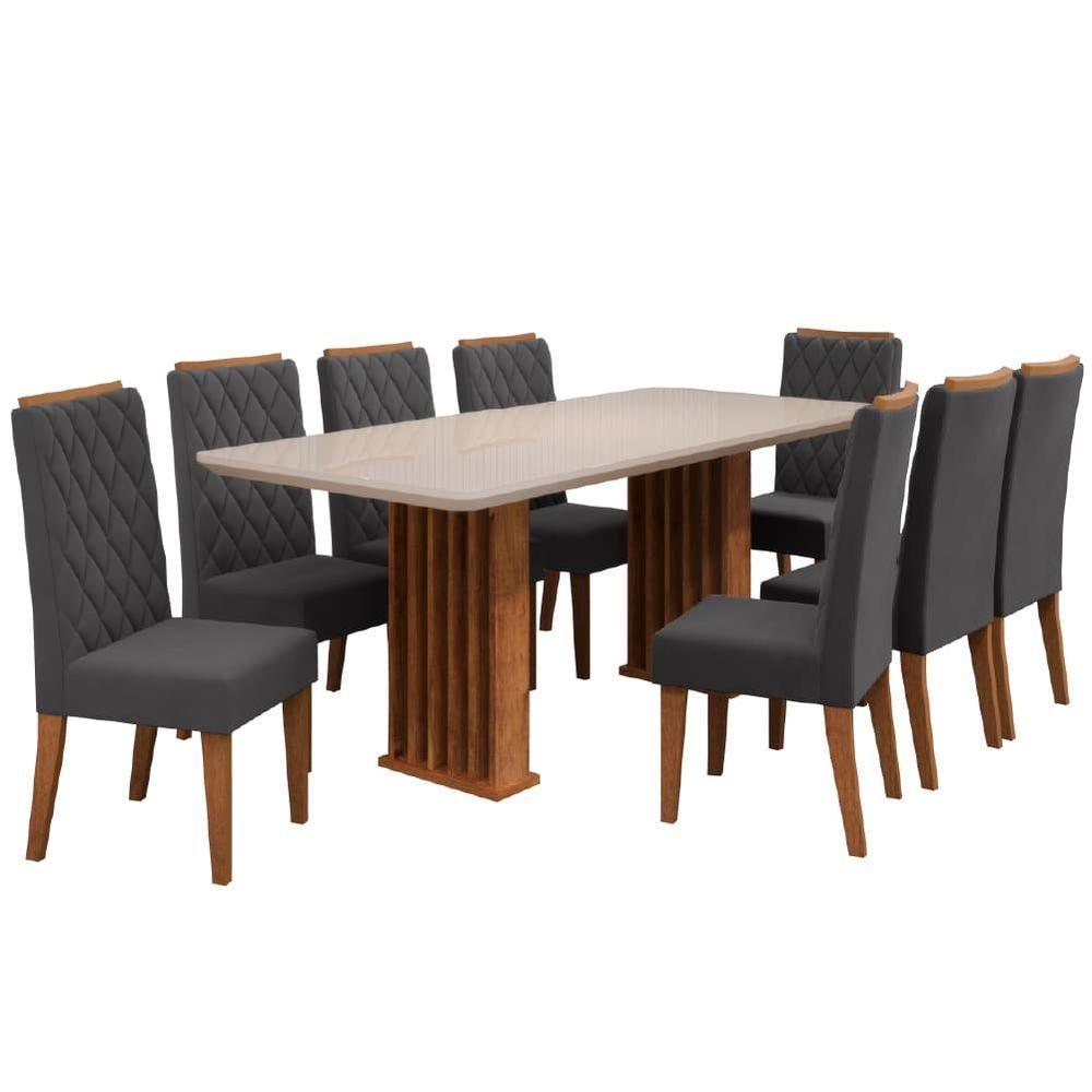 Conjunto De Mesa Sala De Jantar Tampo Com Vidro Mond 2m 8 Cadeiras Bele Veludo Viero Madeirado / Cinza - 1