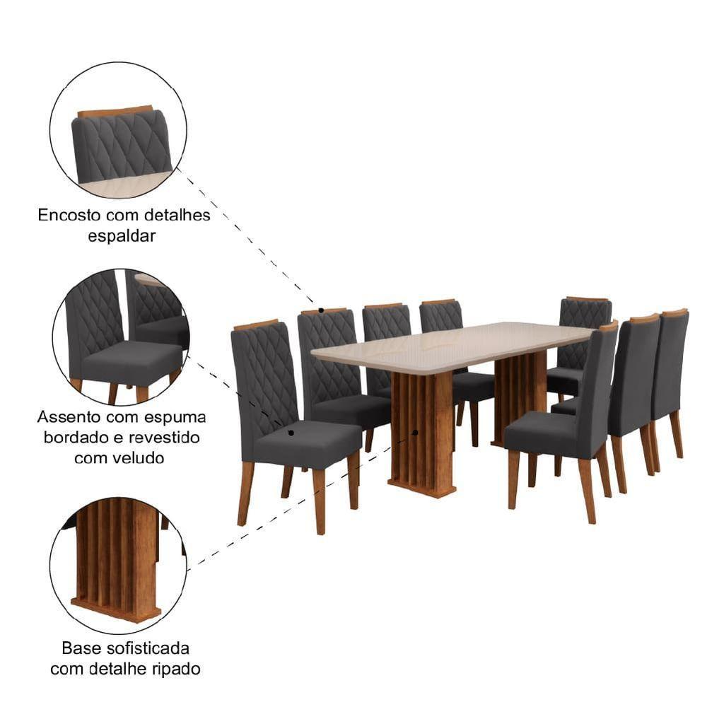 Conjunto De Mesa Sala De Jantar Tampo Com Vidro Mond 2m 8 Cadeiras Bele Veludo Viero Madeirado / Cinza - 6