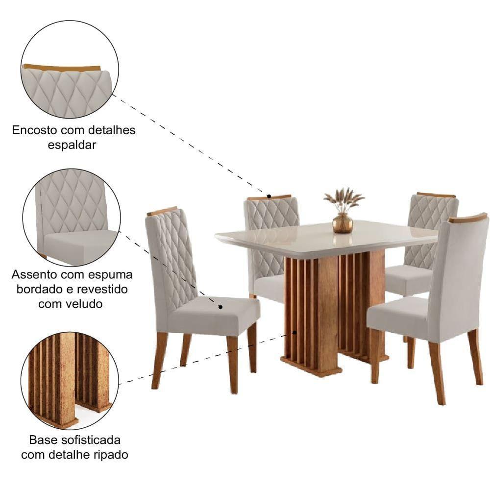 Conjunto De Mesa Sala De Jantar Tampo Com Vidro Mond 1,20m 4 Cadeiras Bele Veludo Viero Madeirado - 6