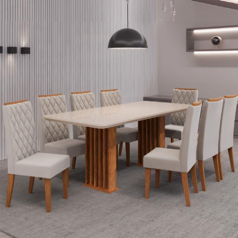 Conjunto De Mesa Sala De Jantar Tampo Com Vidro Mond 2m 8 Cadeiras Bele Veludo Viero Madeirado - 2