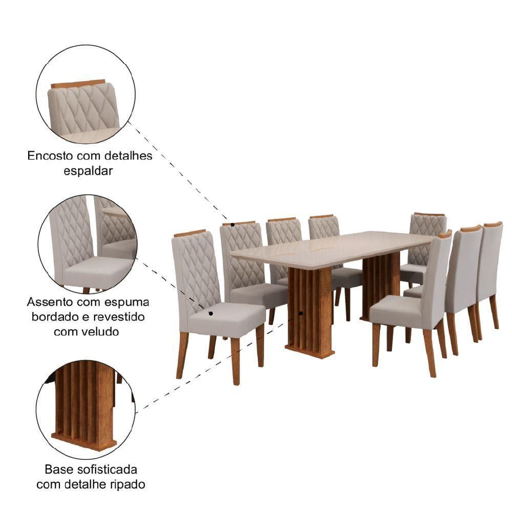 Conjunto De Mesa Sala De Jantar Tampo Com Vidro Mond 2m 8 Cadeiras Bele Veludo Viero Madeirado - 6