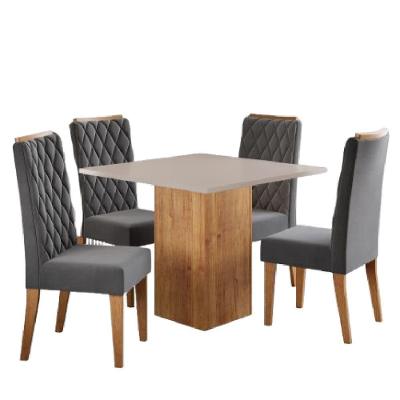 Conjunto Sala De Jantar Mesa Lord Quadrada 0,90m 4 Cadeiras Bele Veludo Viero Off White / Cinza