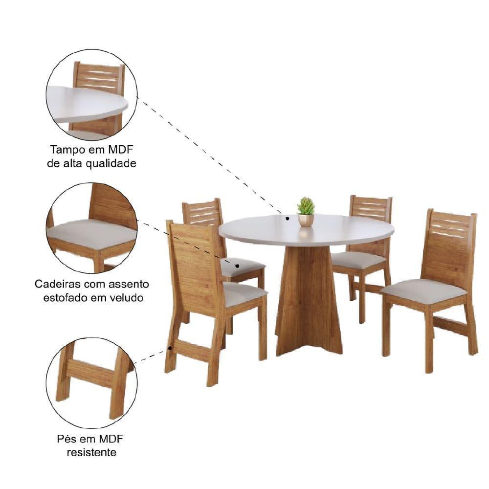Conjunto De Mesa Sala De Jantar Fin Redonda 0,90m 4 Cadeira Veludo Viero Madeirado - 5