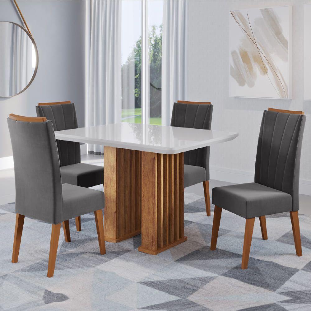 Conjunto De Mesa Sala De Jantar Ripado Tampo Com Vidro Mond 1,20m 4 Cadeiras Sofia Veludo Madeirado / Cinza - 2