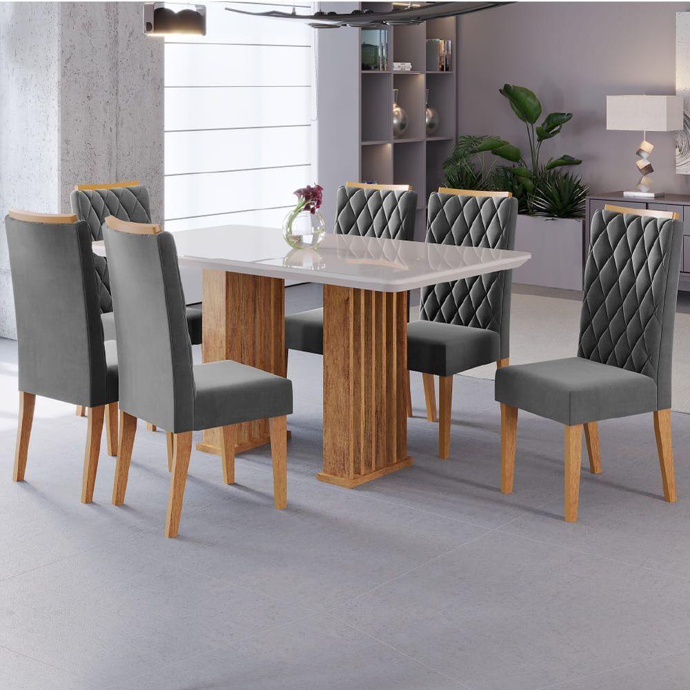 Conjunto De Mesa Sala De Jantar Ripada Tampo Com Vidro Mond 1,60m 6 Cadeiras Bele Veludo Off White / Cinza - 2