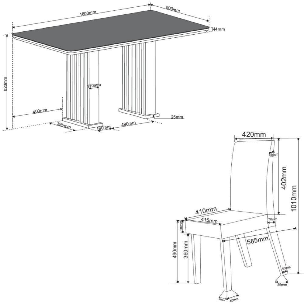 Conjunto De Mesa Sala De Jantar Ripada Tampo Com Vidro Mond 1,60m 6 Cadeiras Bele Veludo Off White / Cinza - 5