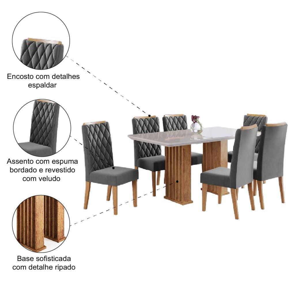 Conjunto De Mesa Sala De Jantar Ripada Tampo Com Vidro Mond 1,60m 6 Cadeiras Bele Veludo Off White / Cinza - 6