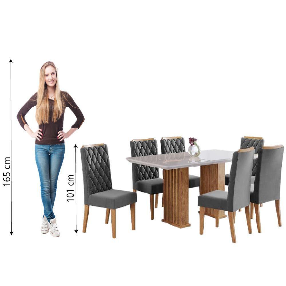 Conjunto De Mesa Sala De Jantar Ripada Tampo Com Vidro Mond 1,60m 6 Cadeiras Bele Veludo Off White / Cinza - 7