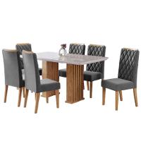 Conjunto De Mesa Sala De Jantar Ripada Tampo Com Vidro Mond 1,60m 6 Cadeiras Bele Veludo Off White / Cinza - 1