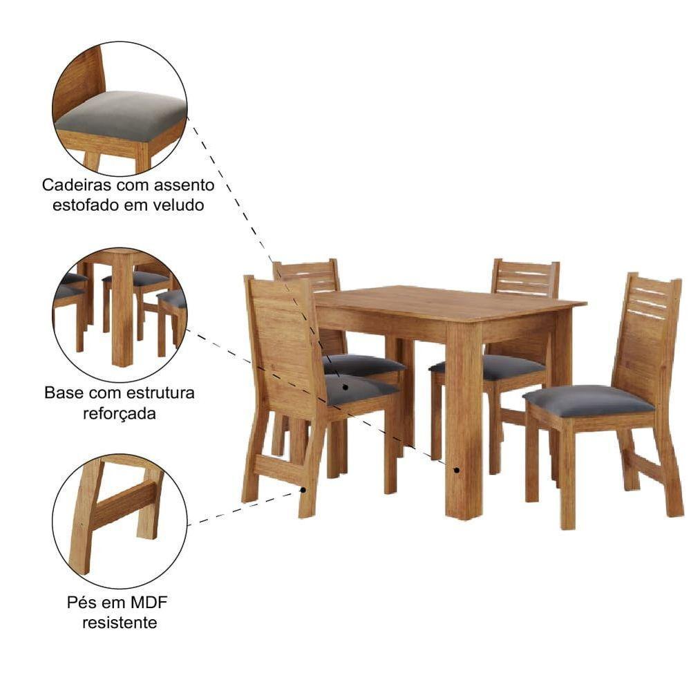 Conjunto De Mesa Sala De Jantar Place 1,10m 4 Cadeiras Veludo Viero Madeirado / Cinza - 5