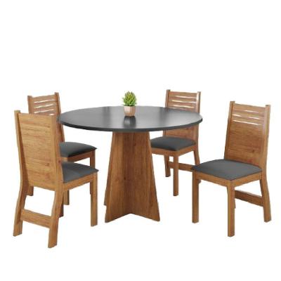 Conjunto De Mesa Sala De Jantar Fin Redonda 0,90m 4 Cadeira Veludo Viero Madeirado / Cinza