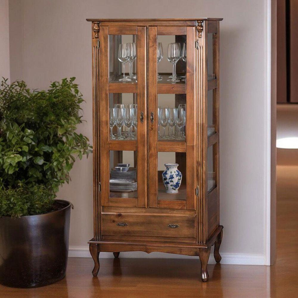 Cristaleira De Madeira 2 Portas 1 Gaveta, Vidros Na Lateral E Espelho No Fundo Pés Luiz Xv - 2