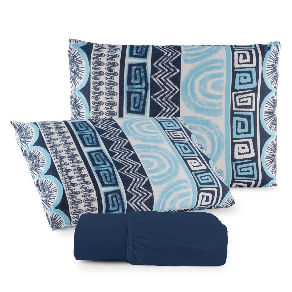 Jogo De Lençol Casal Malha 100% Algodão Com Elástico 3 Peças Azul Marinho Estampa Abstrata - 3