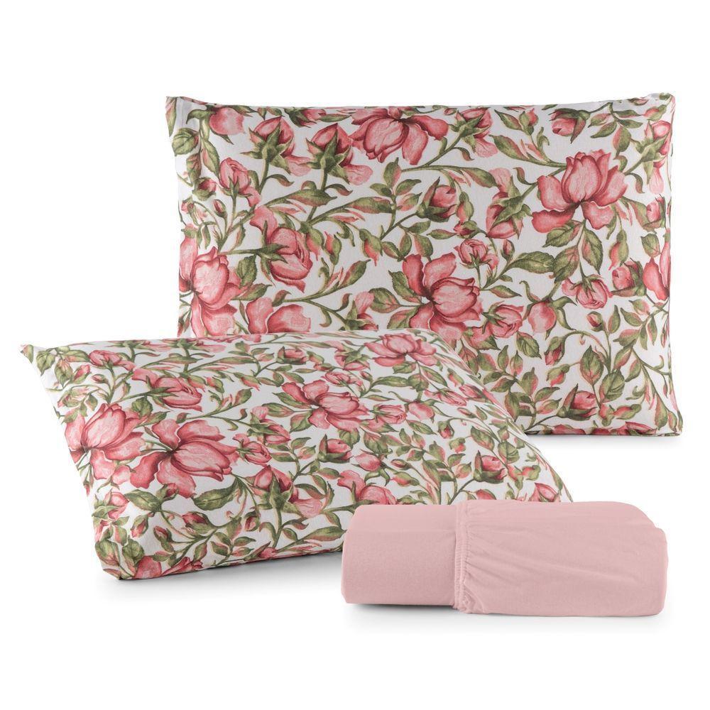 Jogo De Lençol Casal Malha 100% Algodão Com Elástico 3 Peças Rosê Flores - 4