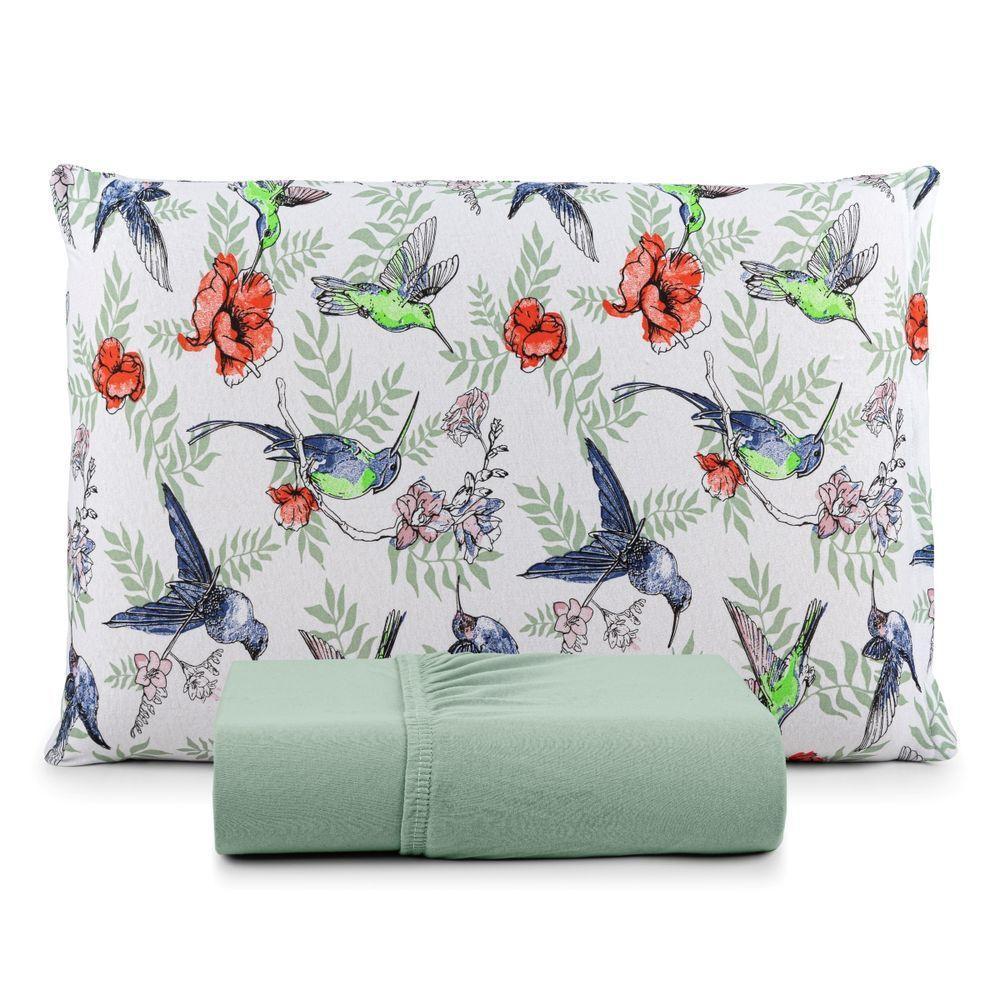 Jogo De Lençol Casal Malha 100% Algodão Com Elástico 3 Peças Verde Claro Estampa Beija Flor - 2