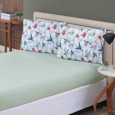 Jogo De Lençol Casal Malha 100% Algodão Com Elástico 3 Peças Verde Claro Estampa Beija Flor