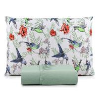 Jogo De Lençol Casal Malha 100% Algodão Com Elástico 3 Peças Verde Claro Estampa Beija Flor - 2