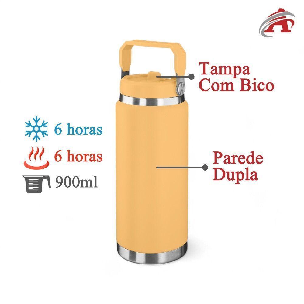 Garrafa Térmica Inox Amarela 900ml Com Alça E Parede Dupla Para Bebidas Quentes E Frias - 3