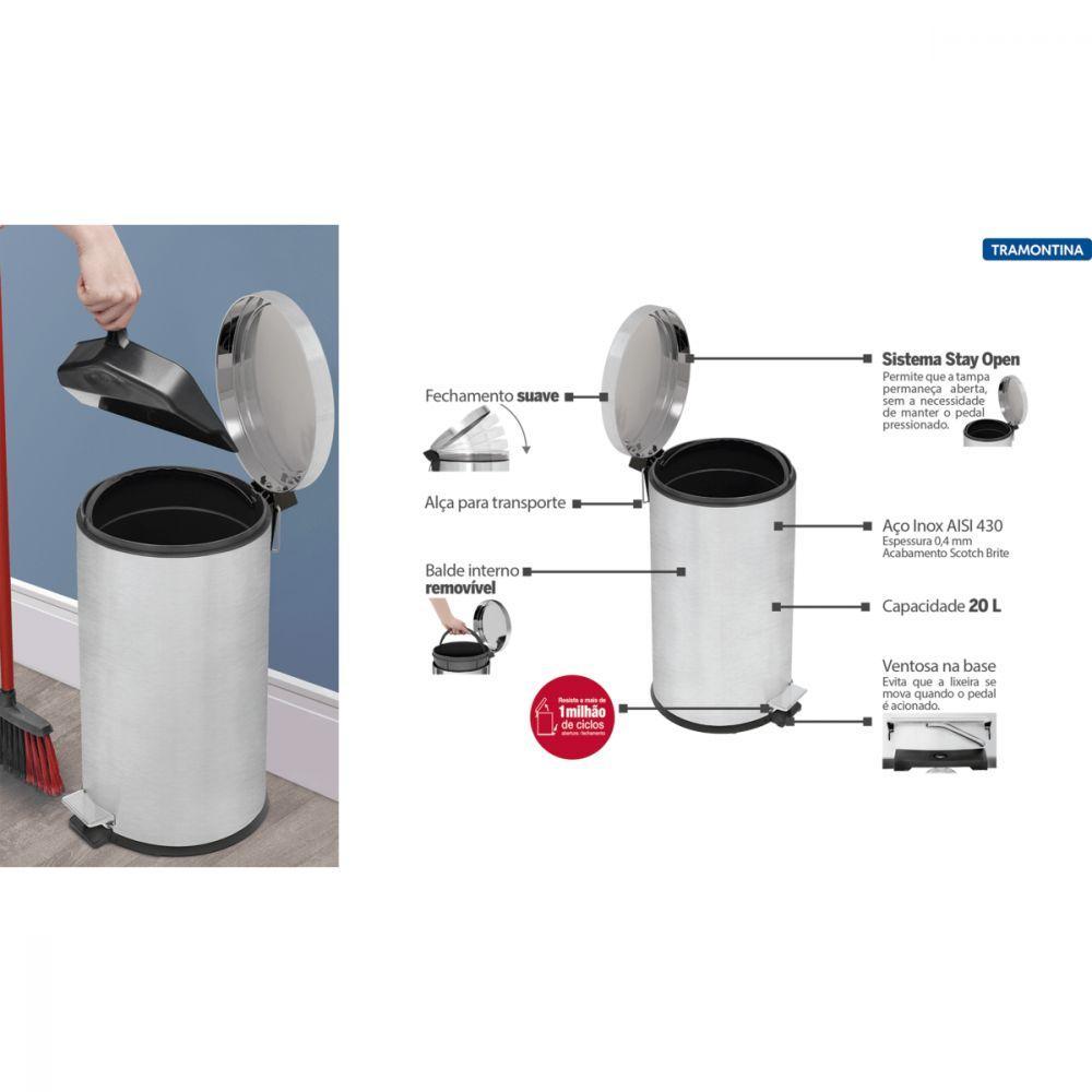 Lixeira Inox Tramontina 20L Brasil Plus Pedal e Amortecedor - 5