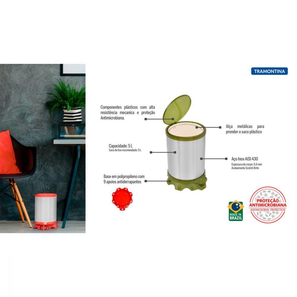 Lixeira Inox Tramontina Plástico Translúcido Verde Pedal 5L - 6